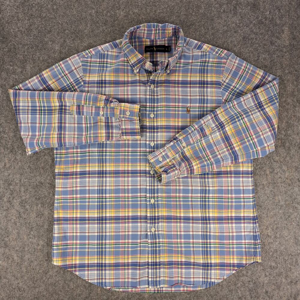Ralph Lauren Shirt Mens Large Blue Yellow Plaid Button Down Long Sleeve Cotton